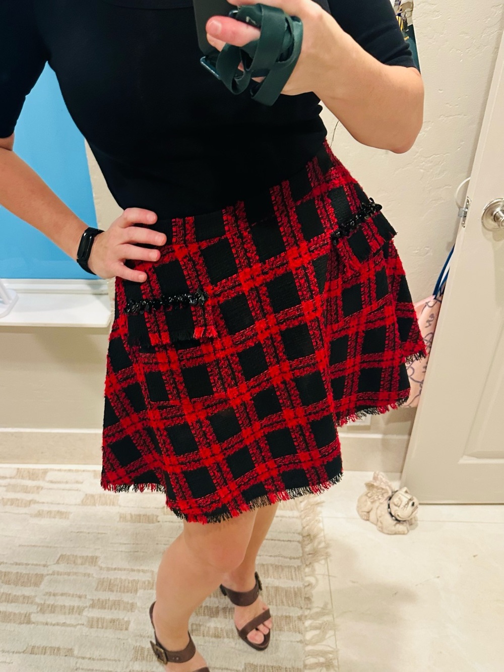 NWT Antonio Melanie Red & Black tweed short skirt Plaid A-Line Skirt Size 12